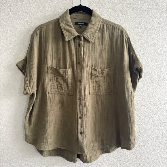 Madewell Lightspun Beachside Dolman Shirt Distant Surplus Green Boxy Crop Top - Picture 4 of 11